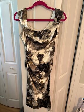 Maggy London Abstract Brushstroke Midi Dress in Black, Gray & Cream